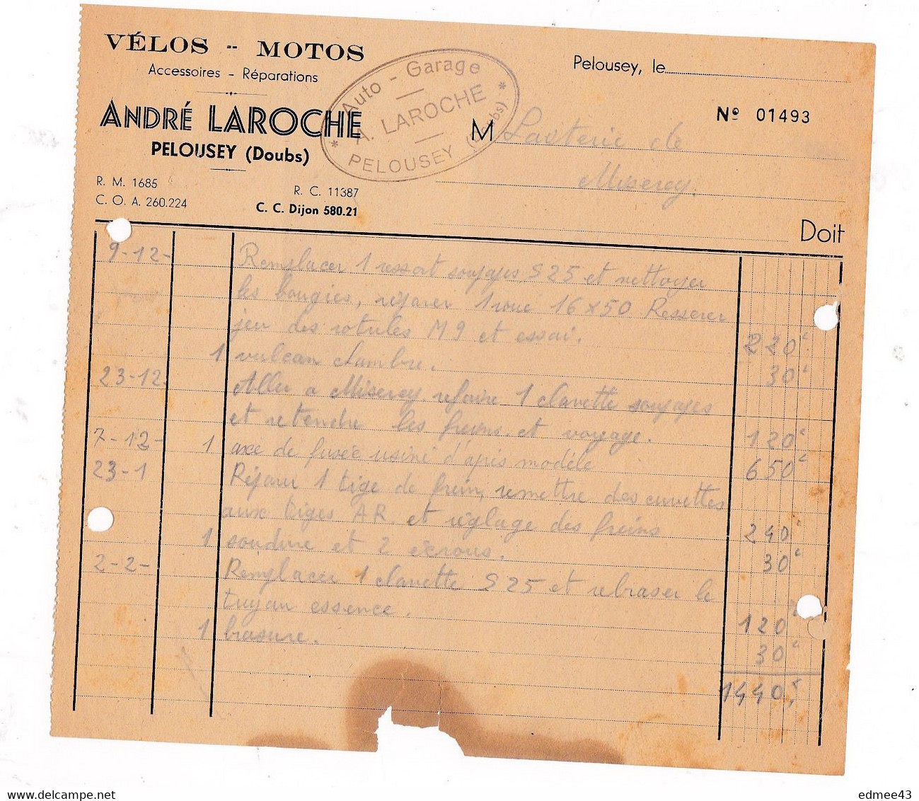 Facture Années 1920 (?) Vélos Motos André LAROCHE, Pelousey, Doubs - Transporte