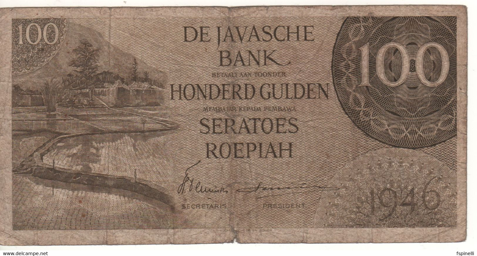 NETHERLANDS INDIES  100 Gulden/Roepiah  "De Javanske Bank" P94  Dated   1946  (Rise Fields) - Dutch East Indies