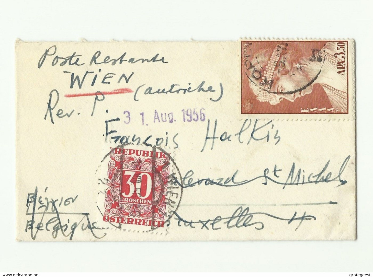 3.50 Dr. Obl. Sc KORINTH Sur Enveloppe (format Carte De Visite) Du 9 Avril 1956 Vers Bruxelles (biffé) Et Renvoyé à La P - Brieven En Documenten