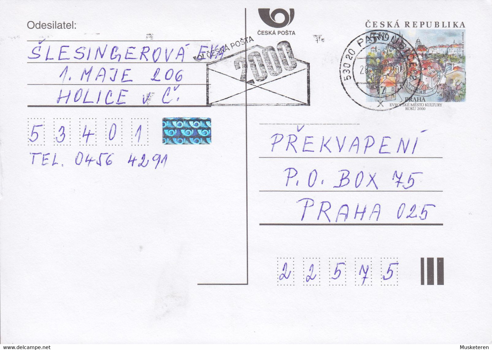 Czech Republic Postal Stationery Ganzsache Entier European Cultural City Prag Praha PARDUBICE 2000 - Ohne Zuordnung