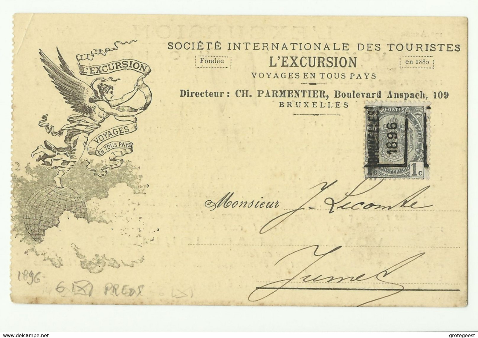 1c. Gris PREO BRUXELLES 1896 Sur CP Illustrée (Lexcursion Voyages En Touts Pays) Vers Jumet - 16097 - Rolstempels 1894-99