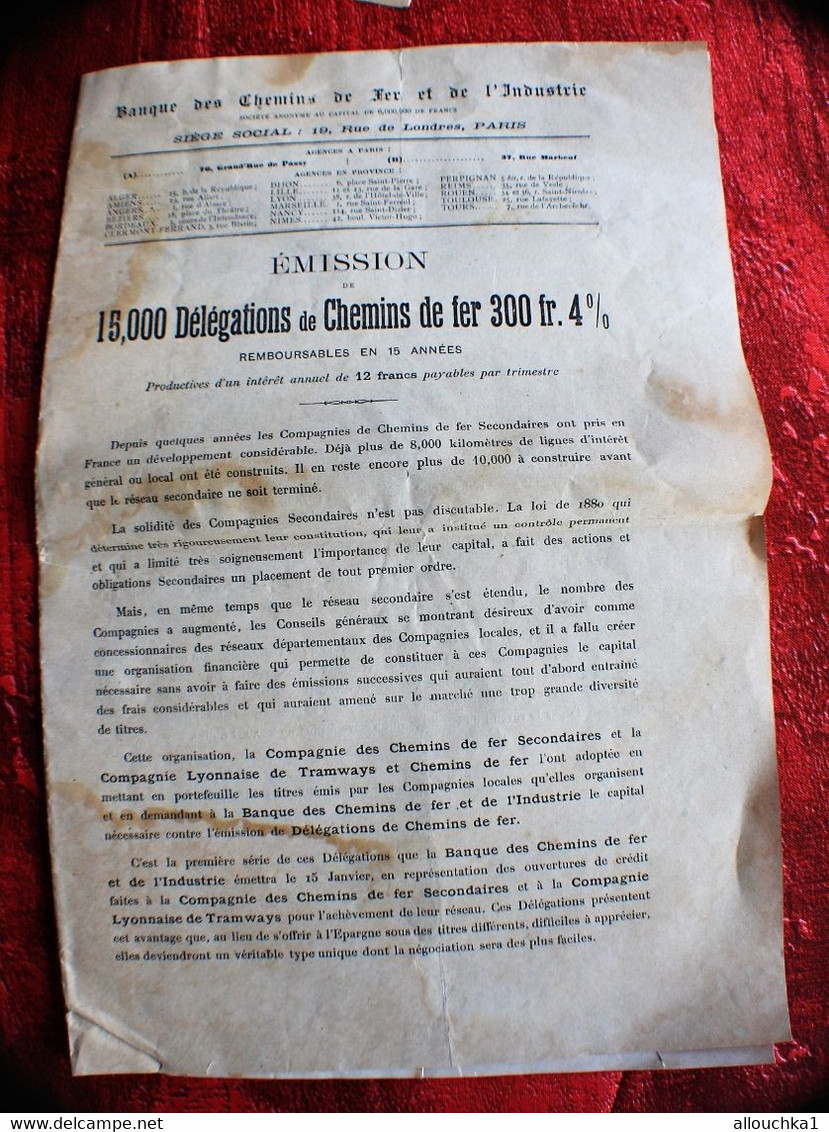 15 JANV 1882-SOUSCRIPTION  BANQUE DES CHEMINS DE FER & INDUSTRIE☛EMISSION PUBLIQUE 300FR 4%☛NOTICE TRAMWAYS CIE LYONNAIS - Verkehr & Transport