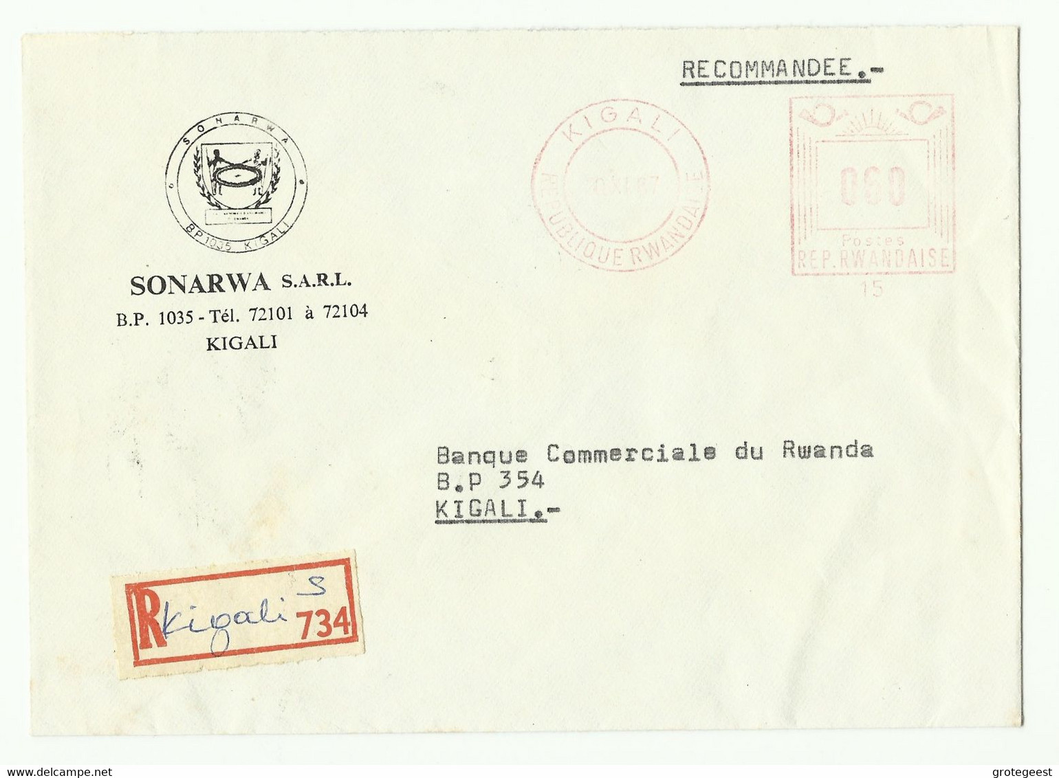 Lettre Recommandée De KIGALI (SONARWA) 1987 Vers Kigali - 16162 - Altri & Non Classificati
