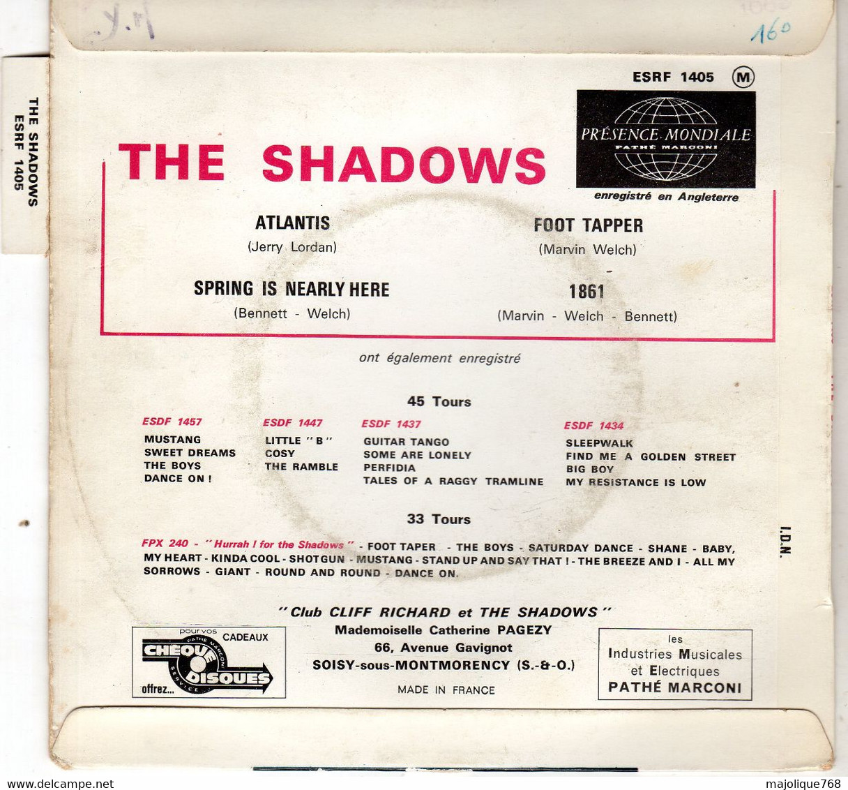 Disque The Shadows - Atlantis - Foot Tapper - Columbia ESRF 1405 - France 1963 - - Instrumentaal