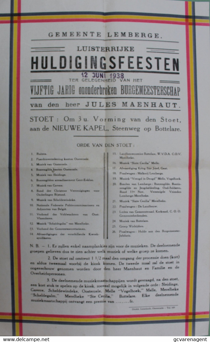 GEMEENTE LEMBERGE - FOLDER LUISTERIJKE HULDIGINGSFEESTEN 12 JUNI 1938 - 50 JARIG BURGERMEESTERSCHAP JULES MAENHOUT 34X21 - Oosterzele