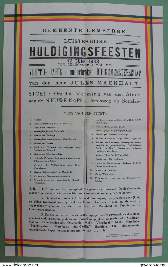 GEMEENTE LEMBERGE - FOLDER LUISTERIJKE HULDIGINGSFEESTEN 12 JUNI 1938 - 50 JARIG BURGERMEESTERSCHAP JULES MAENHOUT 34X21 - Oosterzele