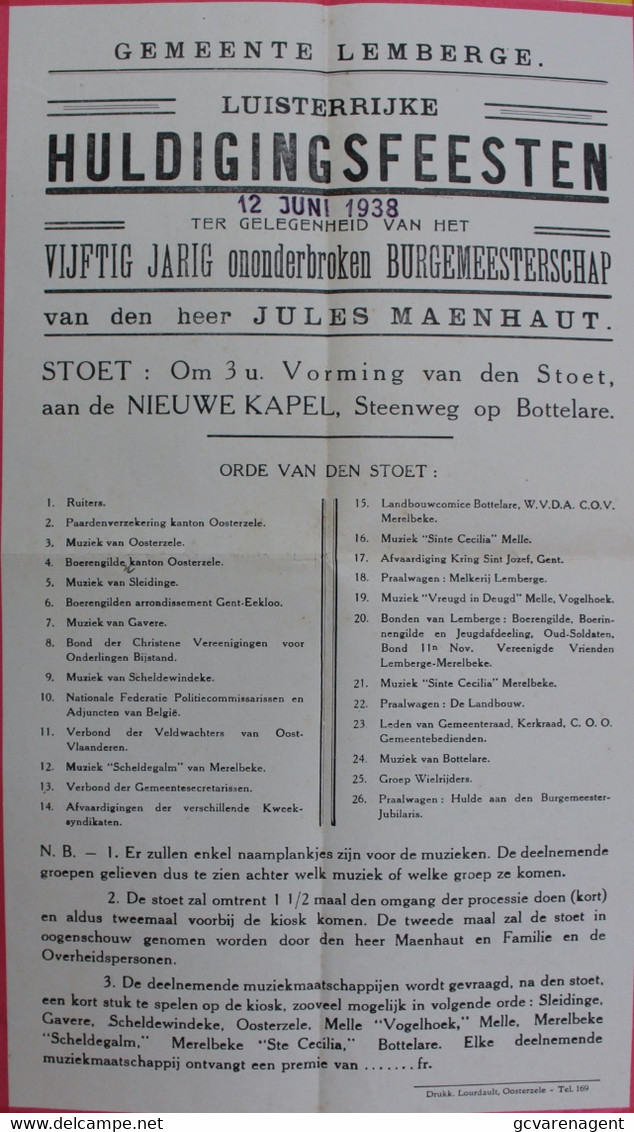 GEMEENTE LEMBERGE - FOLDER LUISTERIJKE HULDIGINGSFEESTEN 12 JUNI 1938 - 50 JARIG BURGERMEESTERSCHAP JULES MAENHOUT 34X21 - Oosterzele