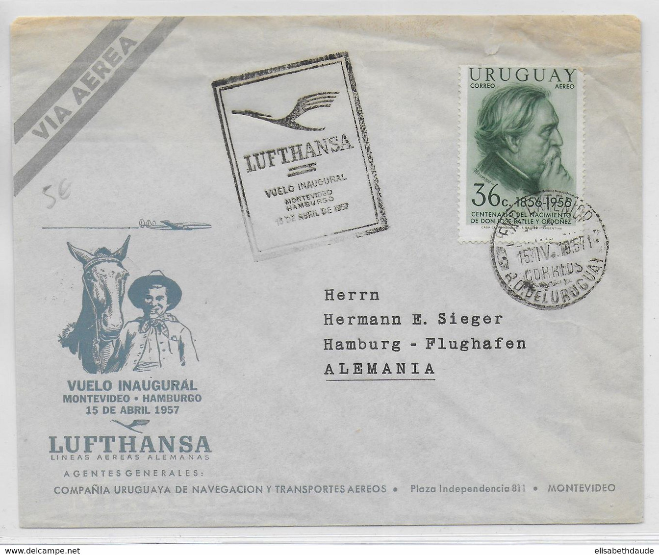 URUGUAY - 1957 - ENVELOPPE 1° VOL LUFTHANSA De MONTEVIDEO => HAMBURG (ALLEMAGNE) - Uruguay