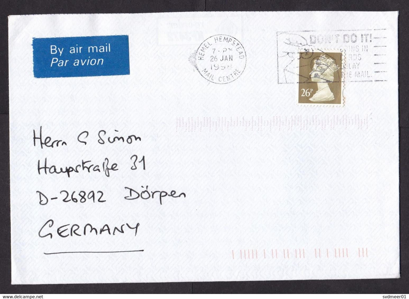 UK: Airmail Cover To Germany, 1998, 1 Stamp, Machin, Cancel Don't Do It Coins In Cards Delay Mail (minor Discolouring) - Covers & Documents