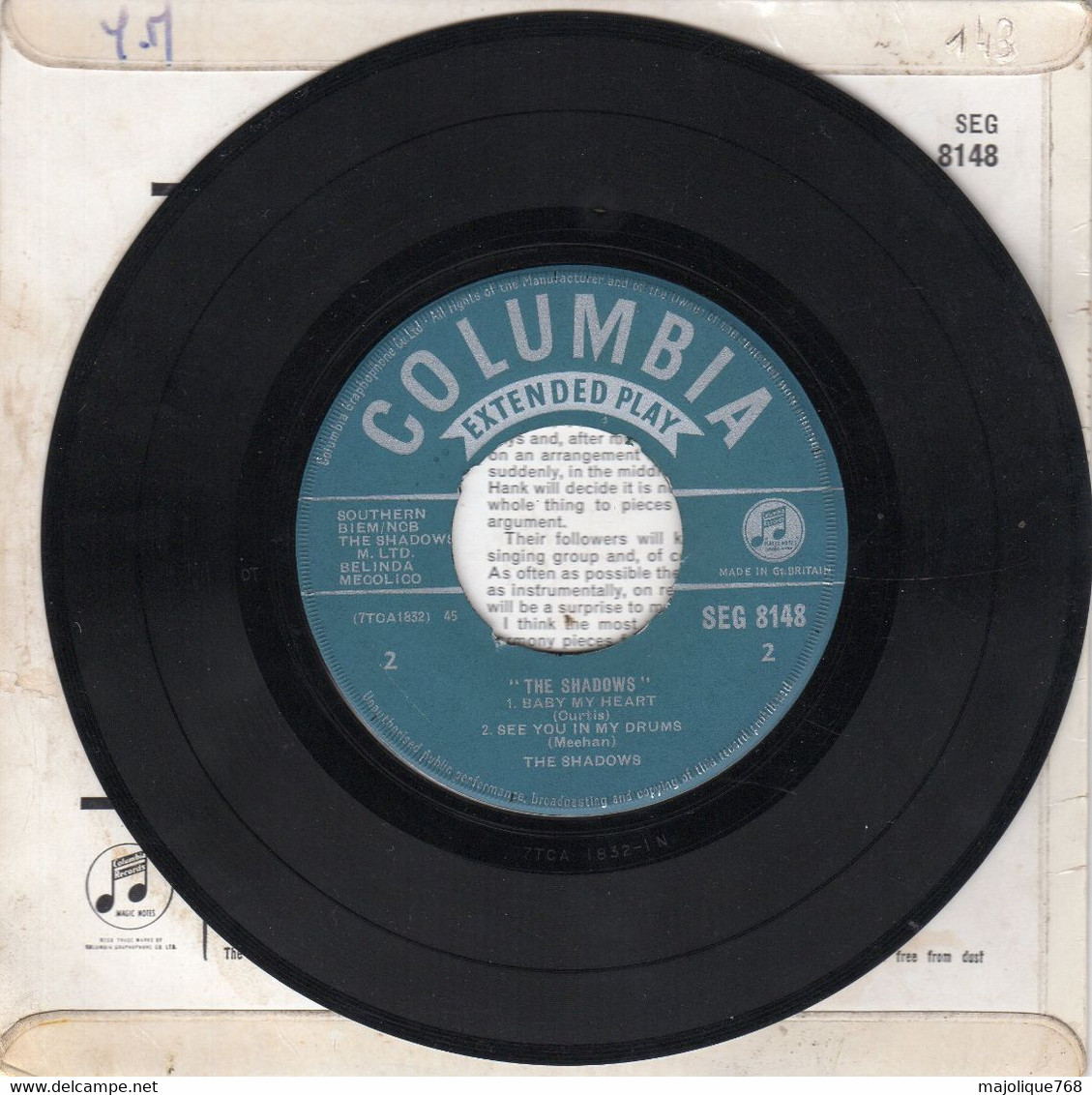 Disque The Shadows N°2 - Shadows Boogie - Columbia SEG8148 U K 1961 - Instrumental