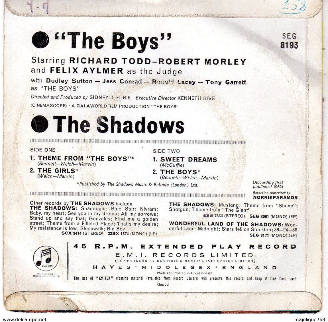 Disque The Shadows  - Theme From "The Boys" - Columbia SEG 8193 U K 1962 - Instrumentaal