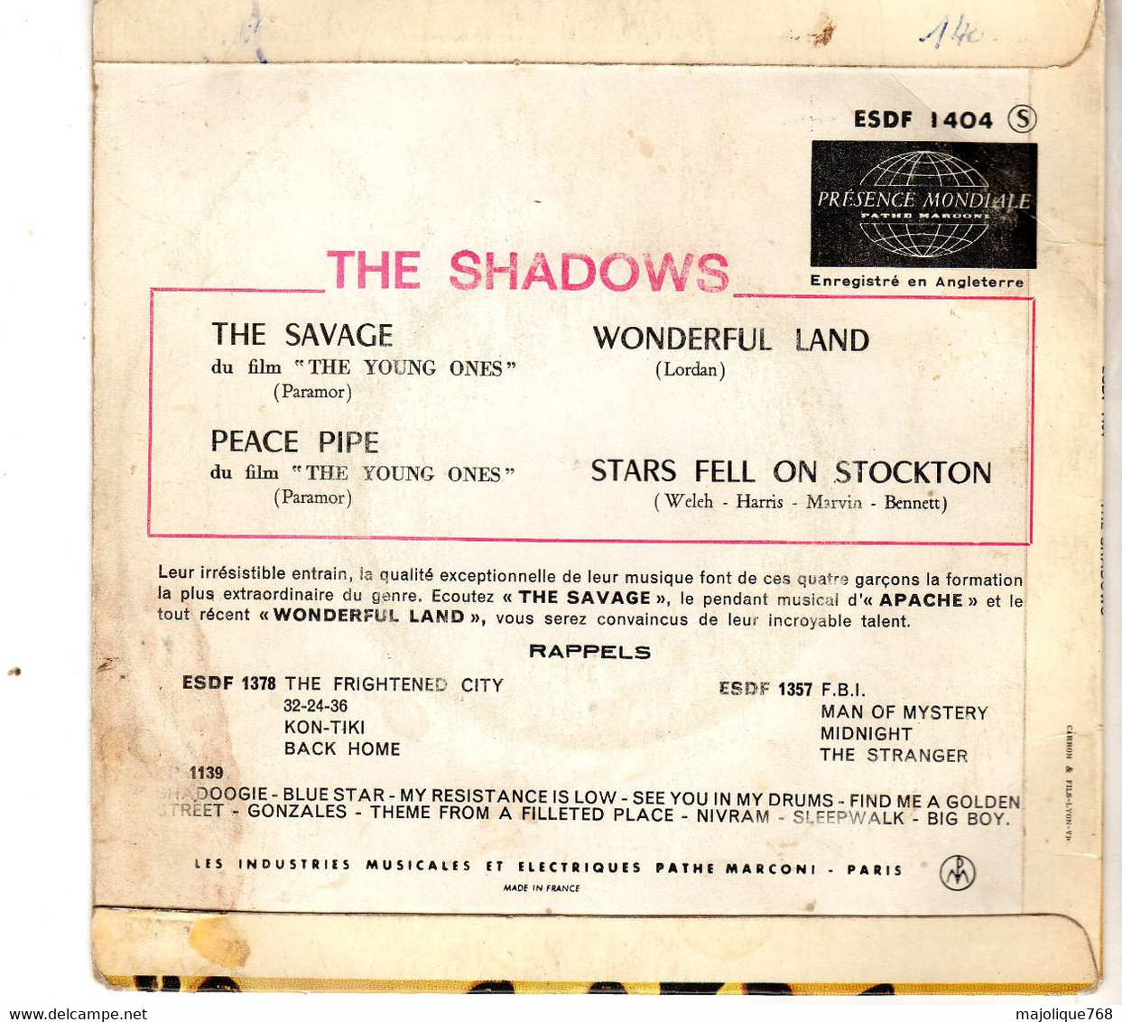 Disque The Shadows  - The Savage Wonderful Land - Columbia ESDF 1404 France 1962 - Instrumentaal