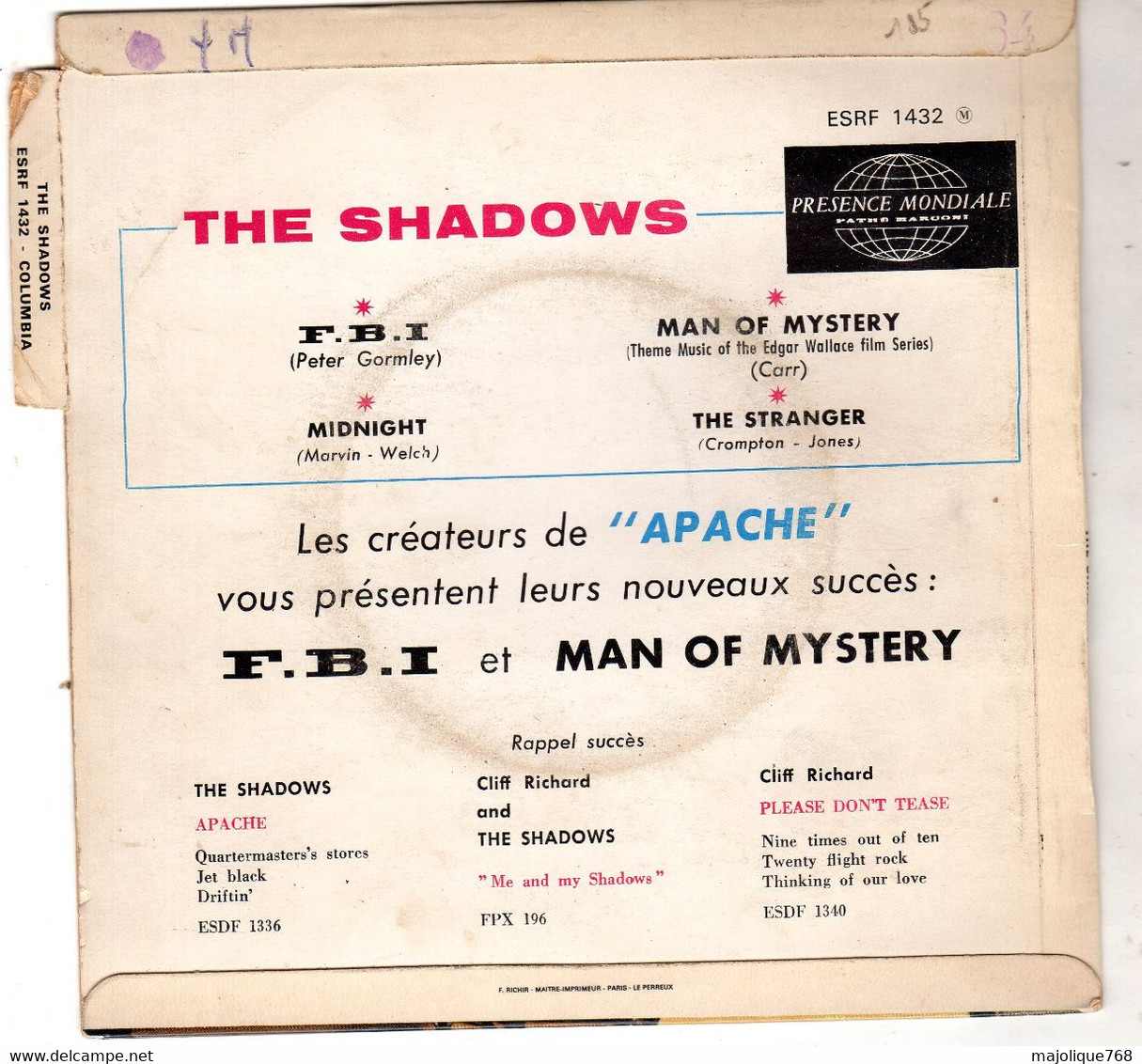 Disque The Shadows - FBI - Columbia ESDF 1432 France 1963 - Instrumental