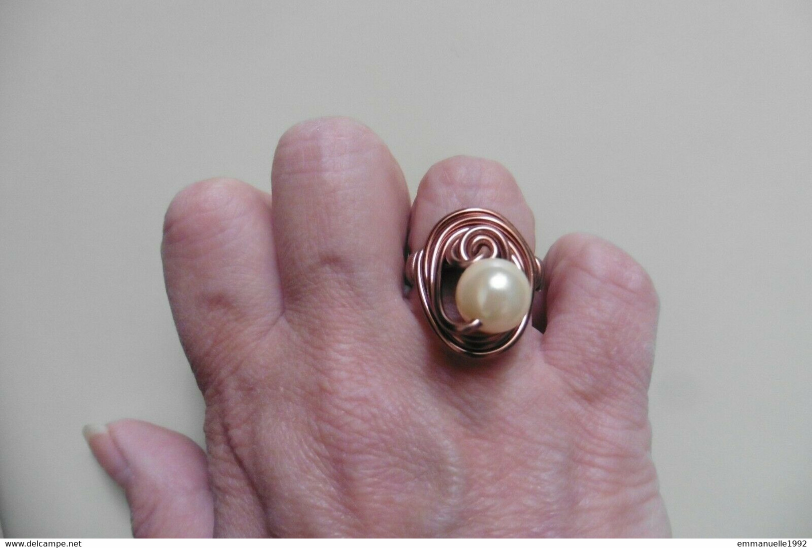 Bague Créateur Fil Cuivré Avec Perle Fine Blanche Nacrée Fantaisie - Taille 54 - Fait Main - Rings