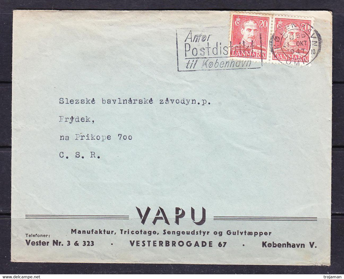 SK 21-57 LETTER FROM DENMARK TO CZECHOSLOVAKIA. 21.10.1947. - Other & Unclassified