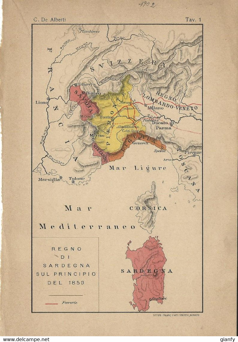 CARTA GEOGRAFICA REGNO DI SARDEGNA NEL 1859 C. De ALBERTI 1902 - Landkarten
