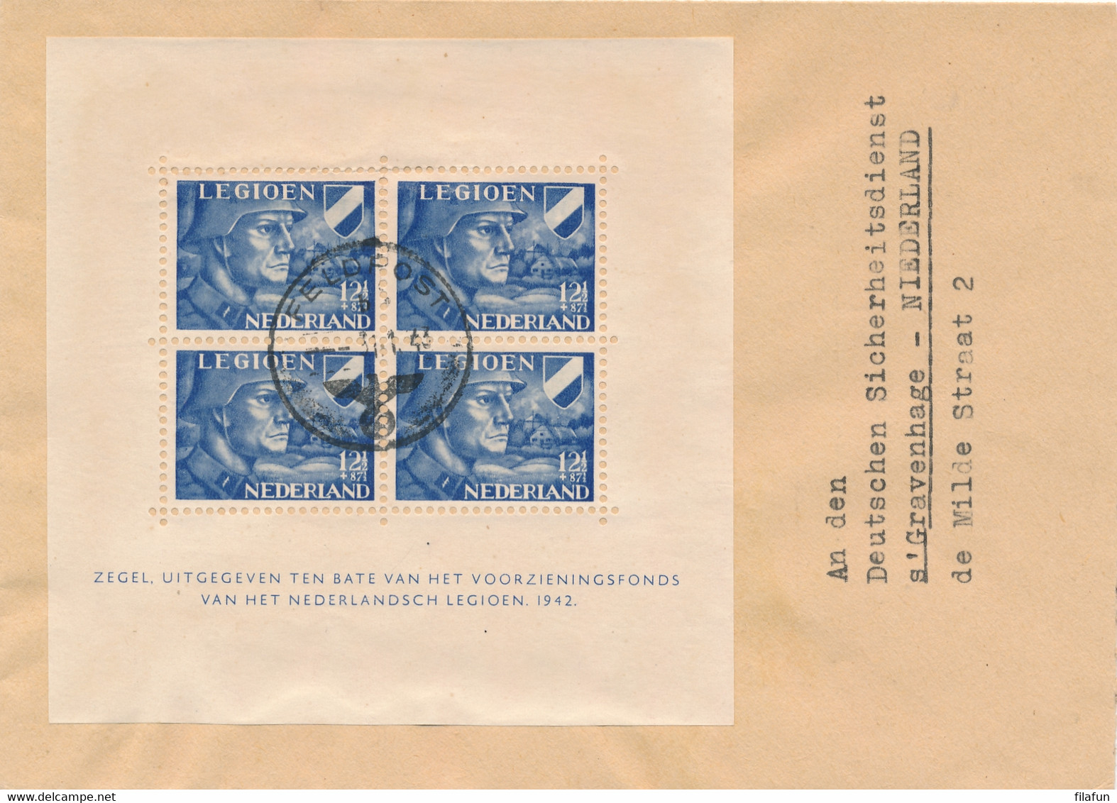 Nederland - 1943 - 4x 12,5 Cent Legioenblok Met Plaatfout Op Omslag Feldpost Naar Deutschen Sicherheitsdienst Den Haag - Brieven En Documenten