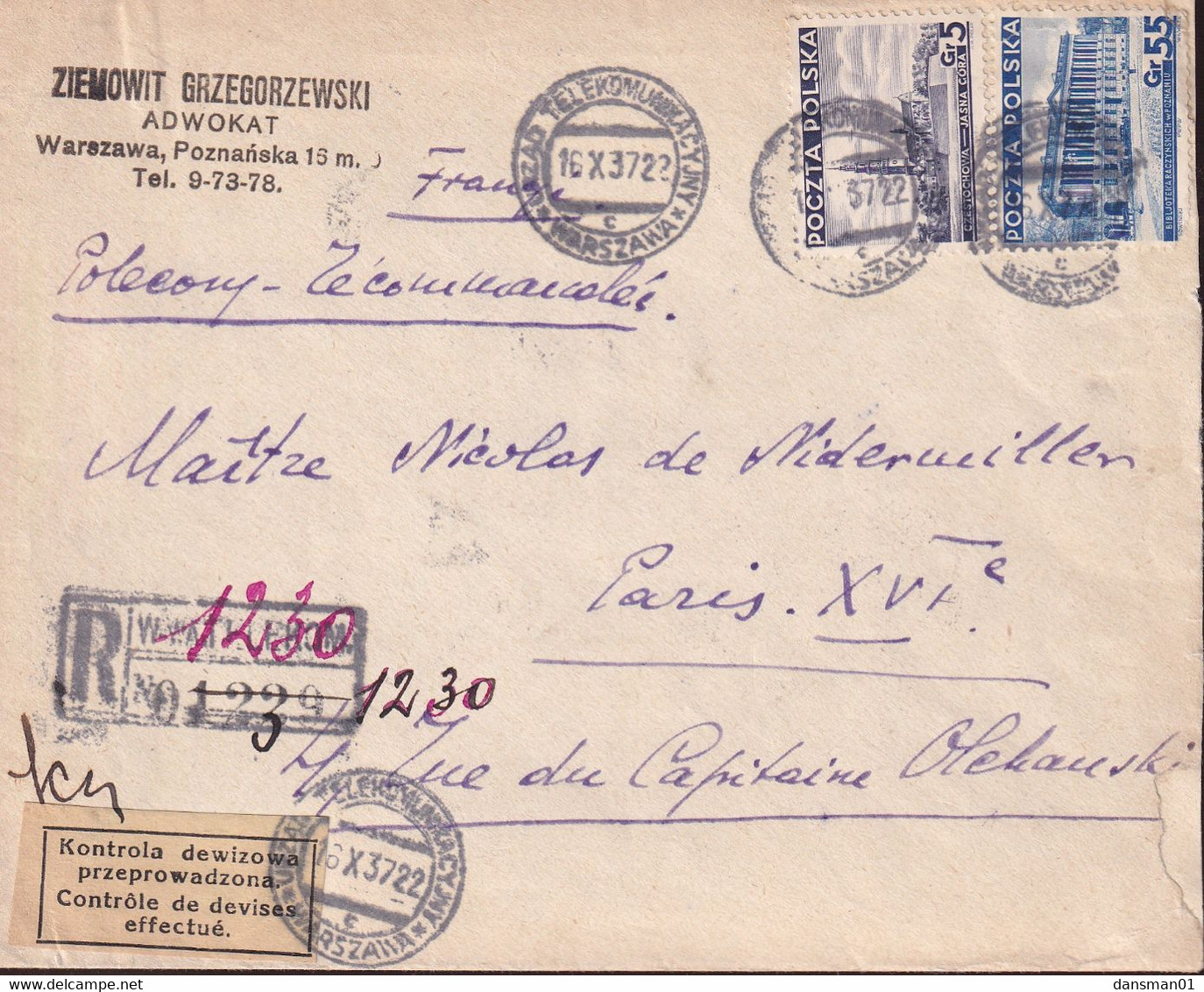 POLAND 1937 Registered Currency Control Cover Warsaw To France - Covers & Documents