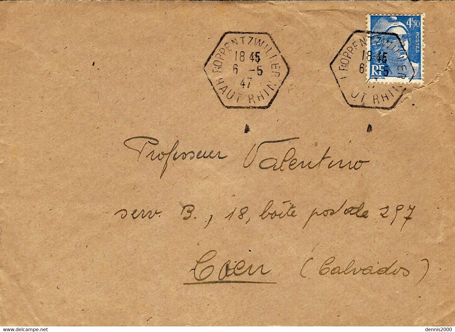 1947- Enveloppe Affr. à 4,50 F. Oblit. R A R Type E 4  De ROPPENTZWILLER / HAUT RHIN - 1921-1960: Moderne