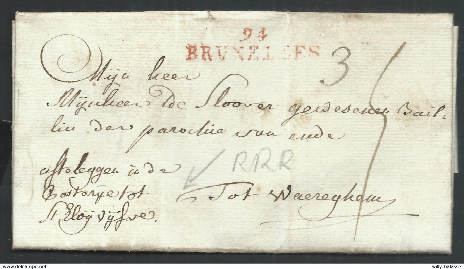 L 1797 94/BRUXELLES -> Waereghem + "afteleggen In De Posterije Tot St Eloy Vijve" (décompte à La Poste De Vive St Eloy) - 1794-1814 (Période Française)