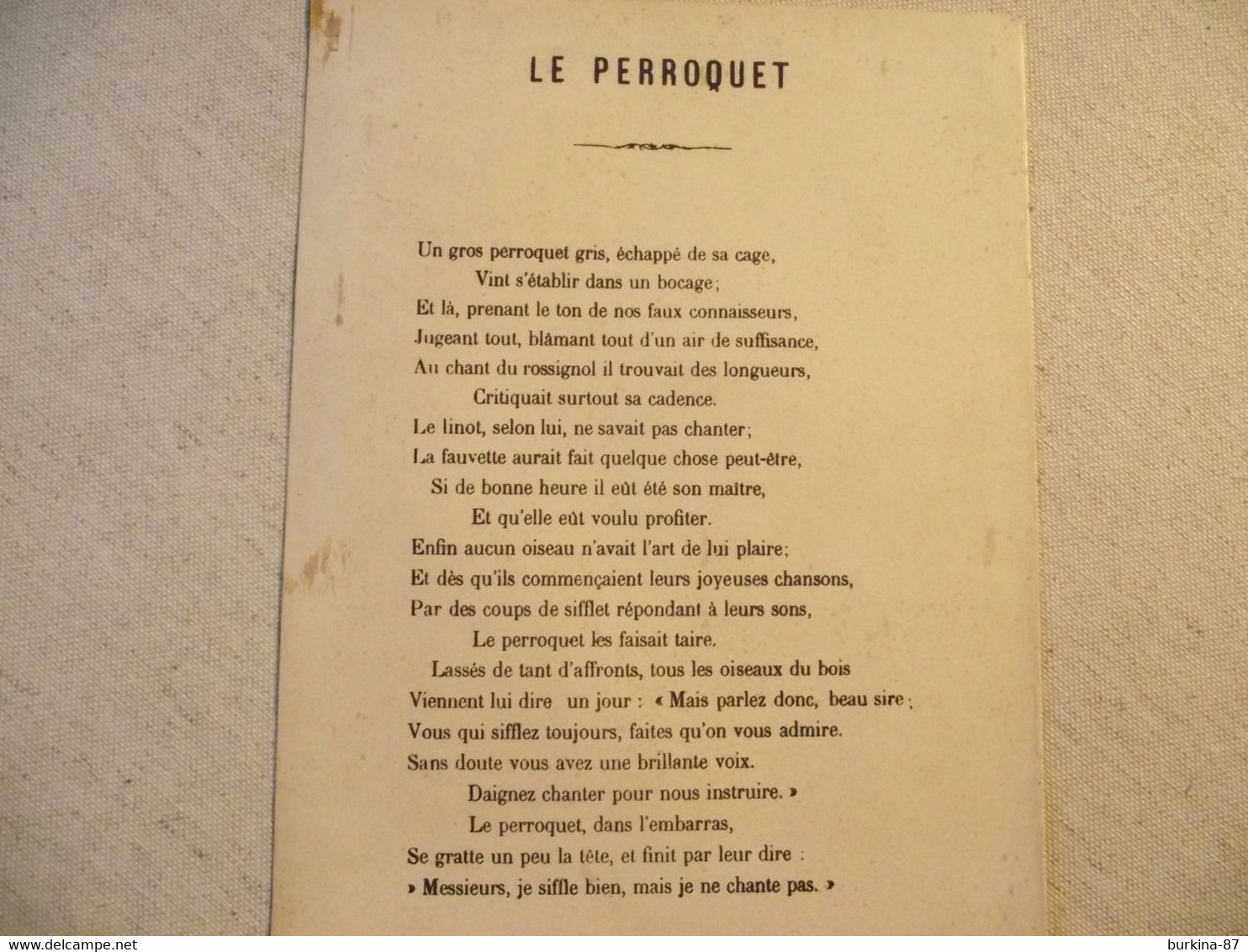 Protège Cahier, Fin XIX,  FABLE De FLORIAN, Le PERROQUET - Protège-cahiers