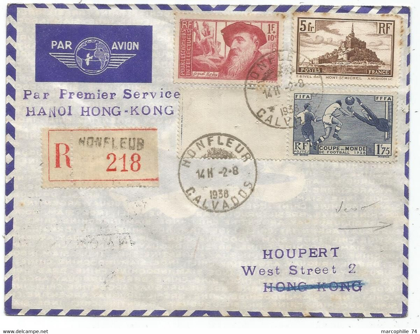 FRANCE FOOTBALL 1FR75 N°396+260+384 LETTRE COVER REC AVION HONFLEUR 2.8.1938 POUR HONG KONG - 1921-1960: Modern Period