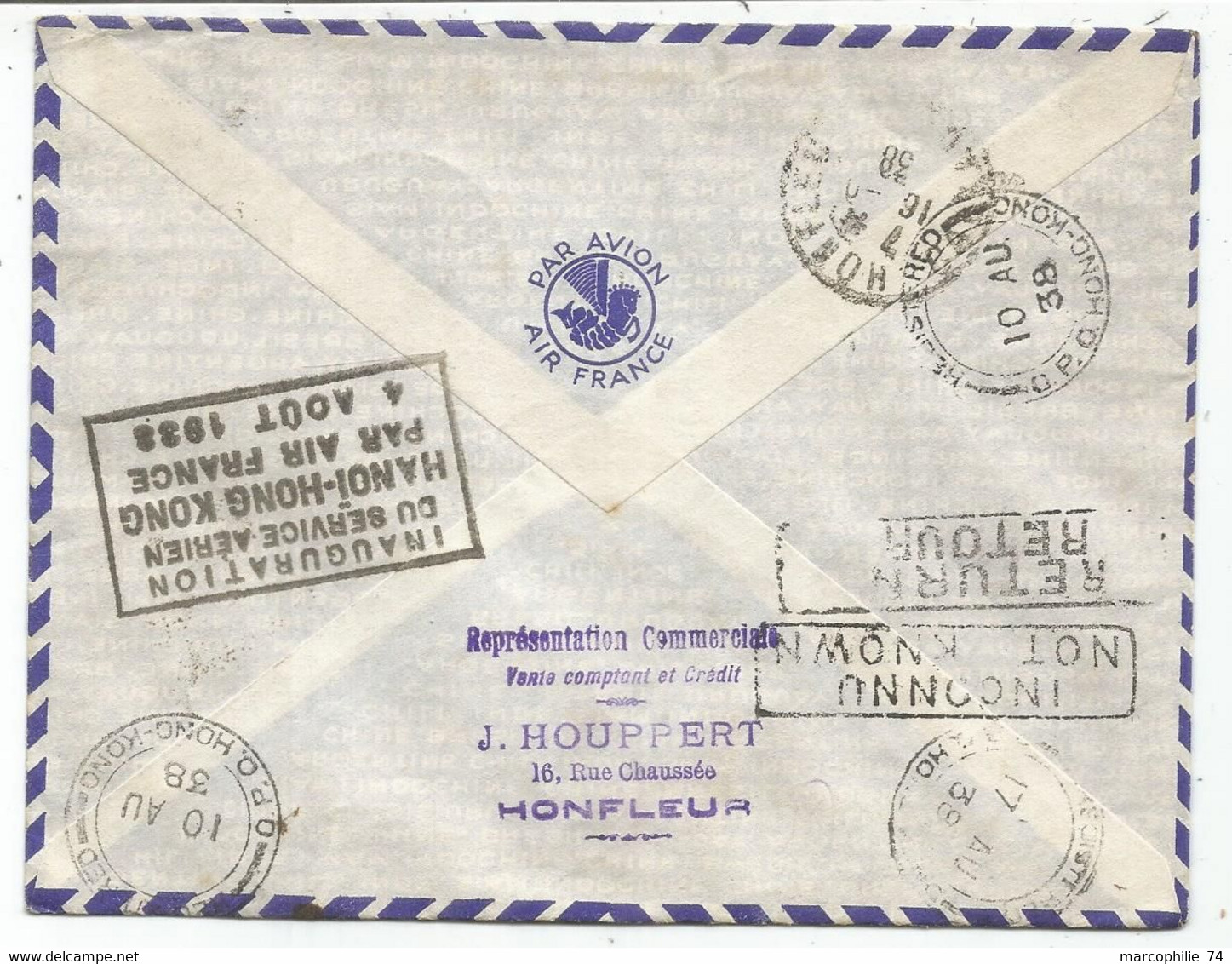 FRANCE FOOTBALL 1FR75 N°396+260+384 LETTRE COVER REC AVION HONFLEUR 2.8.1938 POUR HONG KONG - 1921-1960: Modern Period