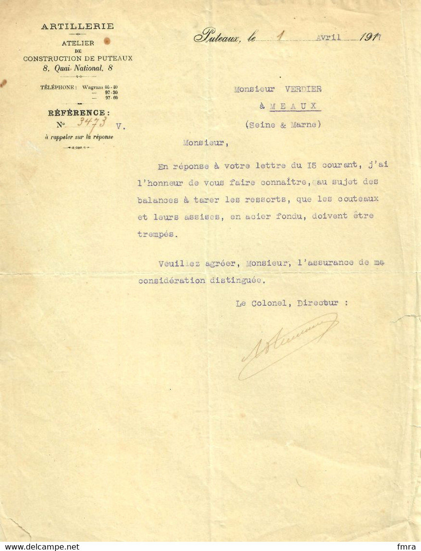 Lettre 1917 ARTILLERIE - Atelier De Construction De PUTEAUX  /balance /F56 - 1900 – 1949