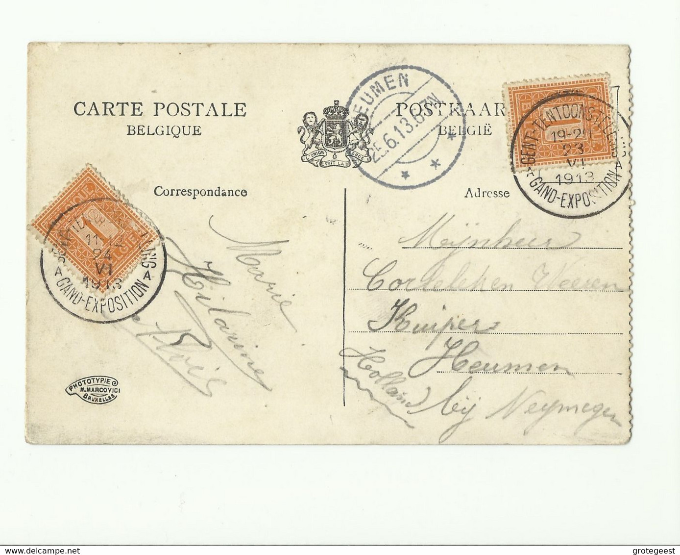 N°108(2) - 1c. Orange, Obl. Sc GENT-TENTOONSTELLING A GAND EXPOSITION Sur CV Du 23-VI-1913 Vers Les Pays-Bas - 16141 - 1912 Pellens