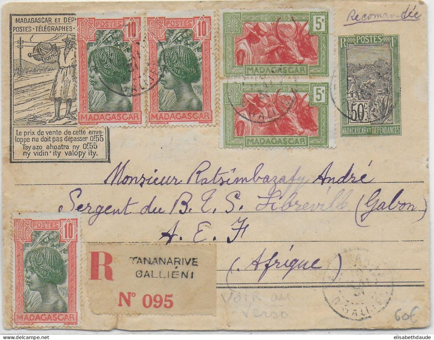 MADAGASCAR - 1931 - ENVELOPPE ENTIER ILLUSTREE RECOMMANDEE De TANANARIVE => LIBREVILLE (GABON) - Lettres & Documents