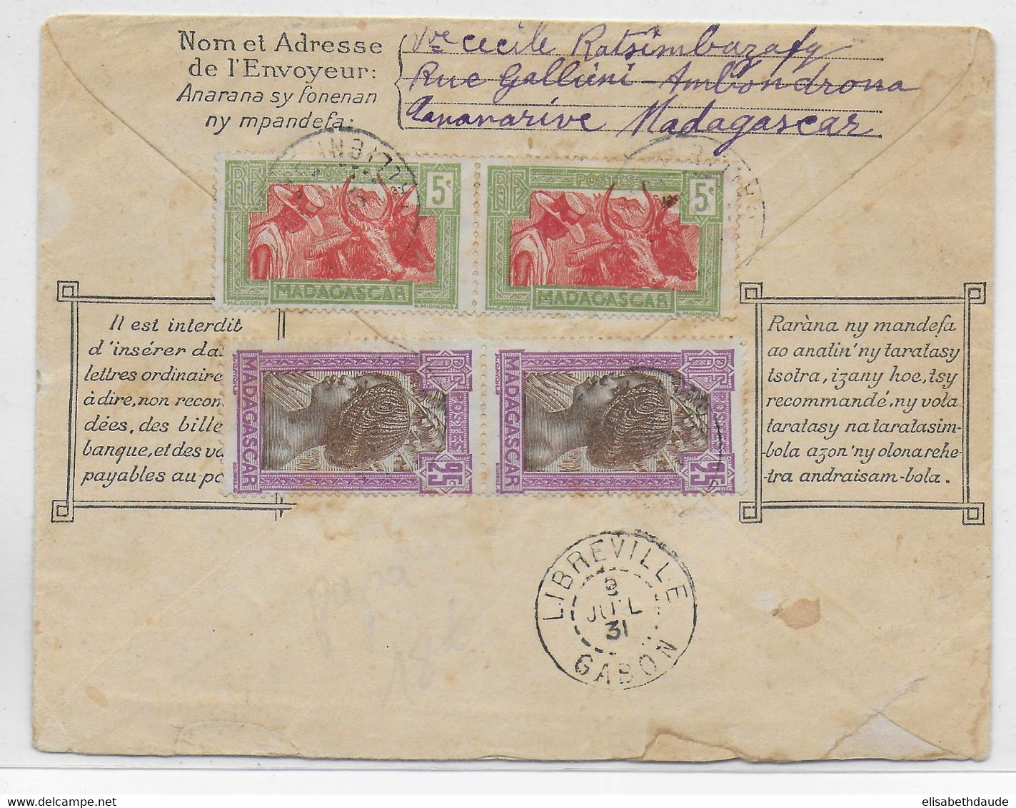 MADAGASCAR - 1931 - ENVELOPPE ENTIER ILLUSTREE RECOMMANDEE De TANANARIVE => LIBREVILLE (GABON) - Cartas & Documentos