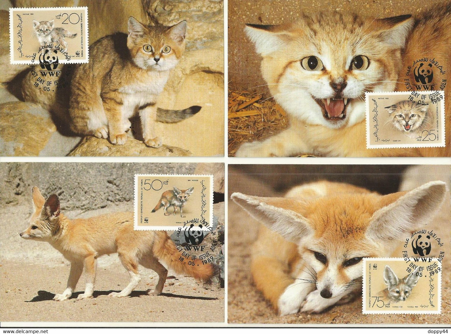 LOT 4 CARTES MAXIMUM  WWF  YEMEN  FENNEC ET CHAT DES SABLES. - Maximum Cards