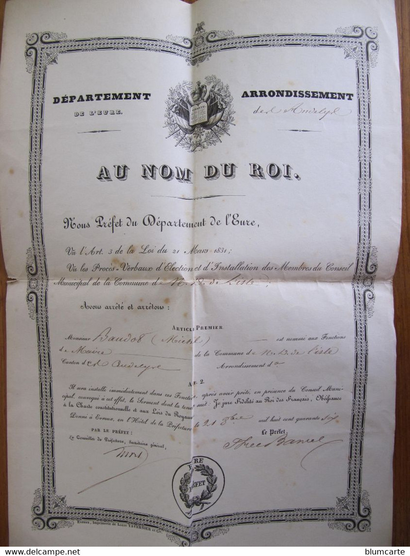 Nomination Du MAIRE DE NOTRE DAME DE L'ISLE Par Le Préfet De L'Eure En 1846 - Historische Dokumente