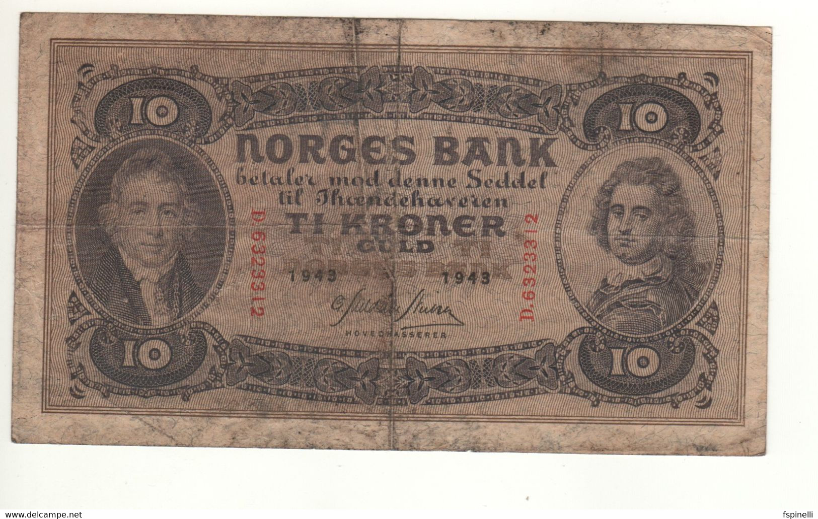 NORWAY  10 Kroner   P8c   Dated 1943  ( Wilhelm Frimann Koren Christie -Admiral Peter Tordenskold ) - Norvège