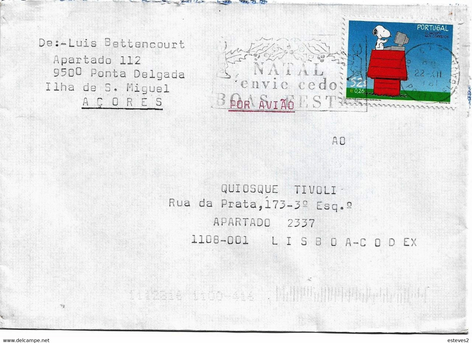 Portugal , 2000 , Snoopy , Schultz , Ponta Delgada Mechanical Postmark NATAL ENVIE CEDO BOAS FESTAS - Comics