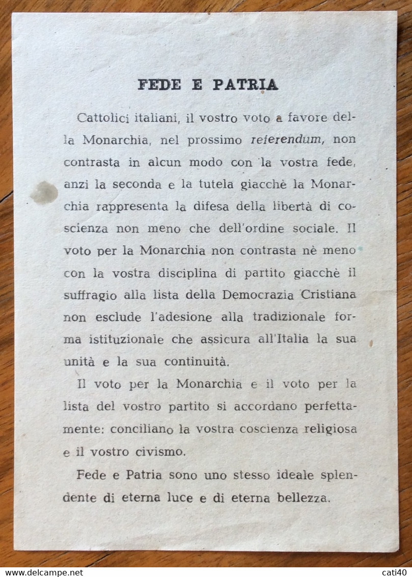RELIGIONE E POLITICA - VOLANTINO FEDE E PATRIA: Cattolici  Il Voto Per La Monarchia Nel Prossimo Referendum 2/6/1946... - Zu Identifizieren