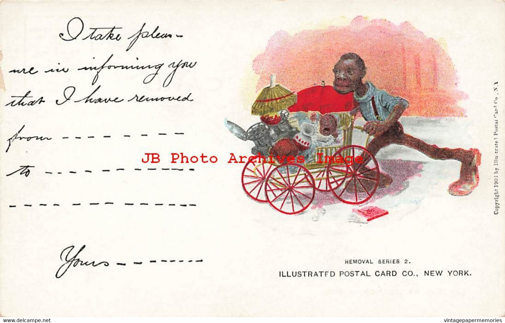 313849-Black Americana,  IPC Removal No 2, Man Pushes Carriage With Baby & Other Items - Black Americana