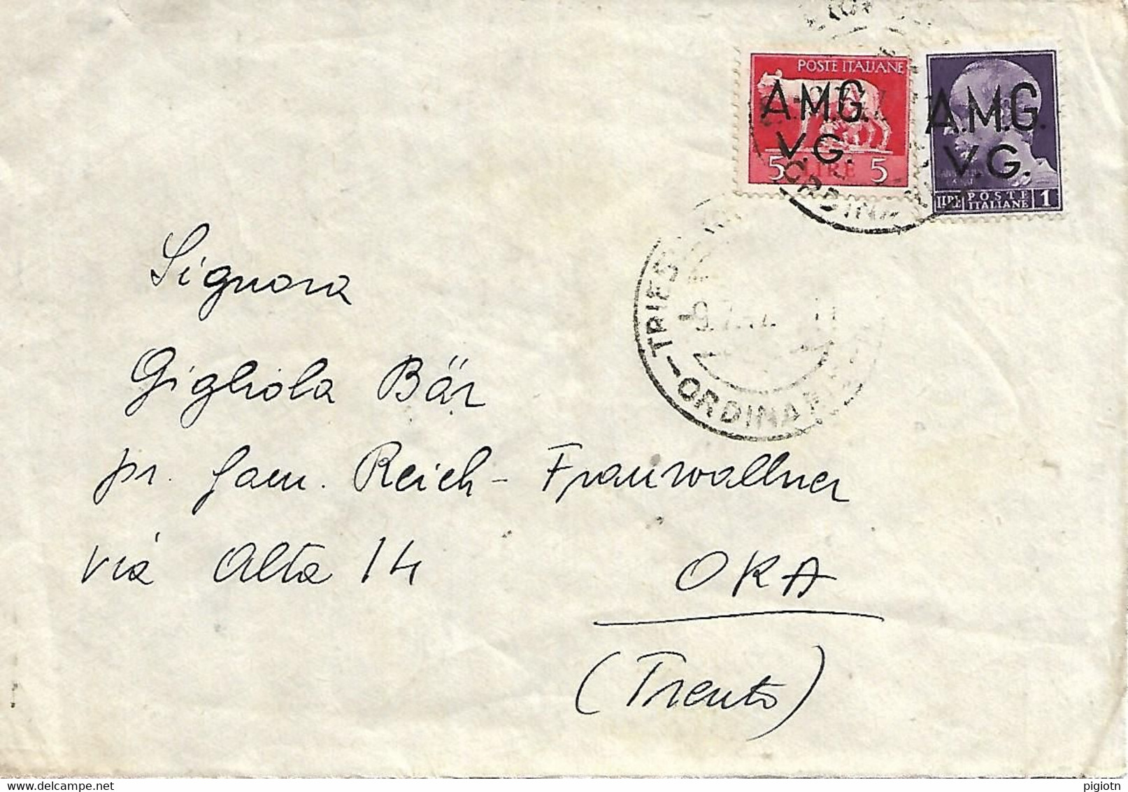 TS010 - AMG-VG 5 L + 1 L IMPERIALE SU LETTERA DA TRIESTE A ORA - 19.7.1947 - Poststempel