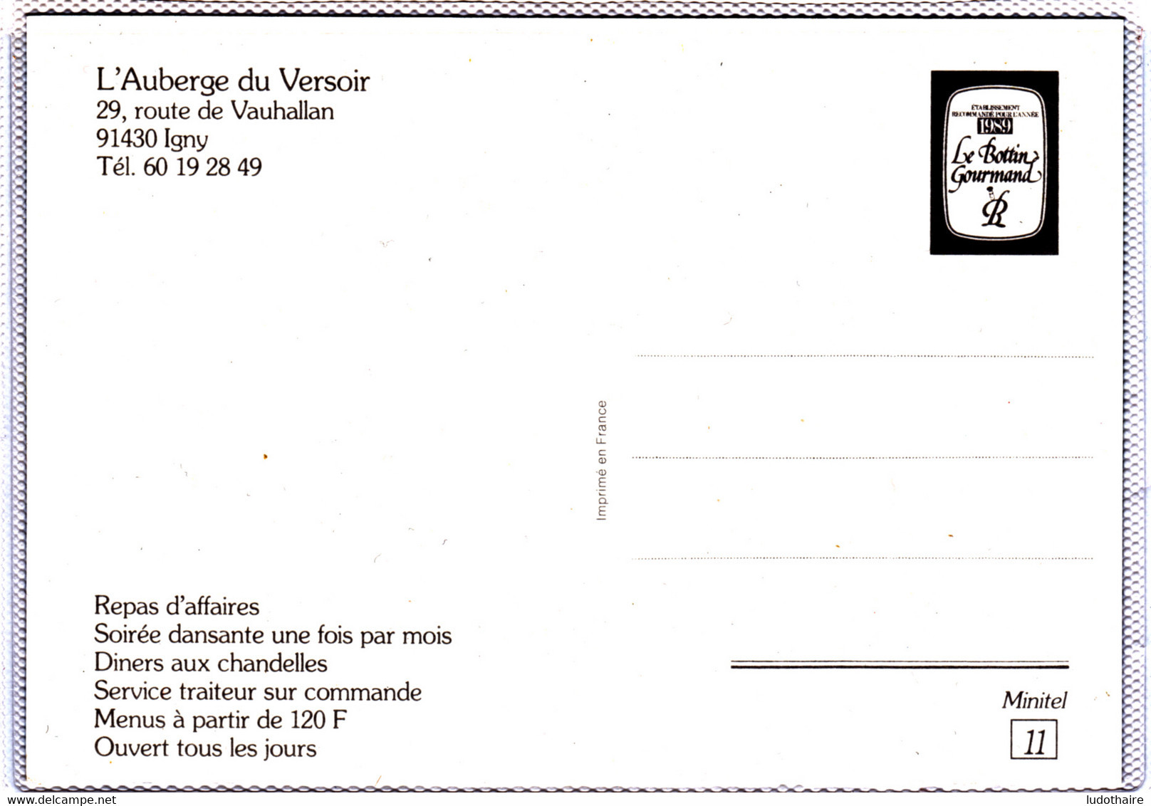 CP Pseudo Entier, 91430 Igny, Auberge Du Versoir, Route De Vauhallan, Bottin Gourmand 1989 - Pseudo-entiers Privés