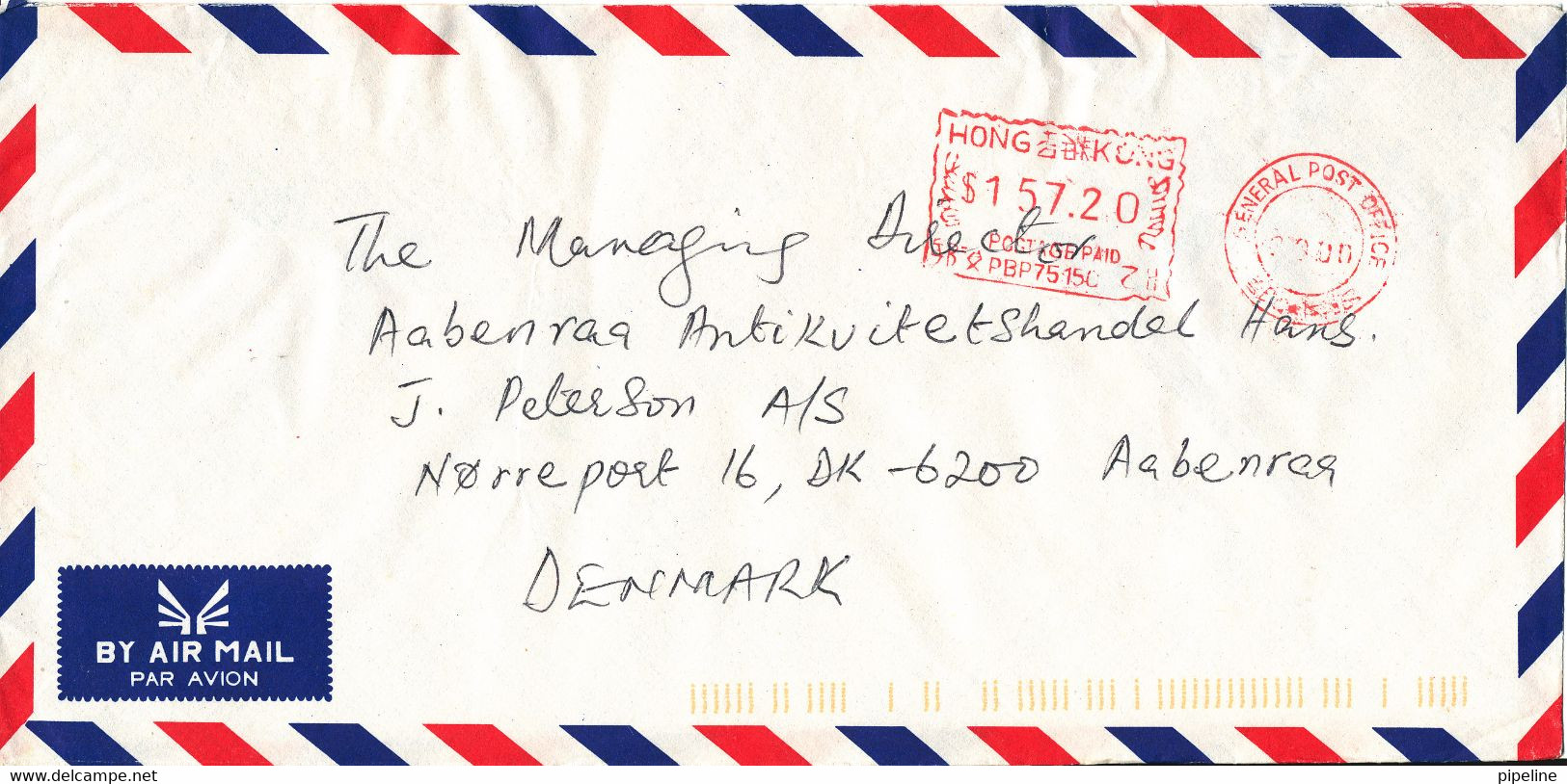 Hong Kong Air Mail Cover With Meter Cancel Sent To Denmark 2000 ?? - Briefe U. Dokumente