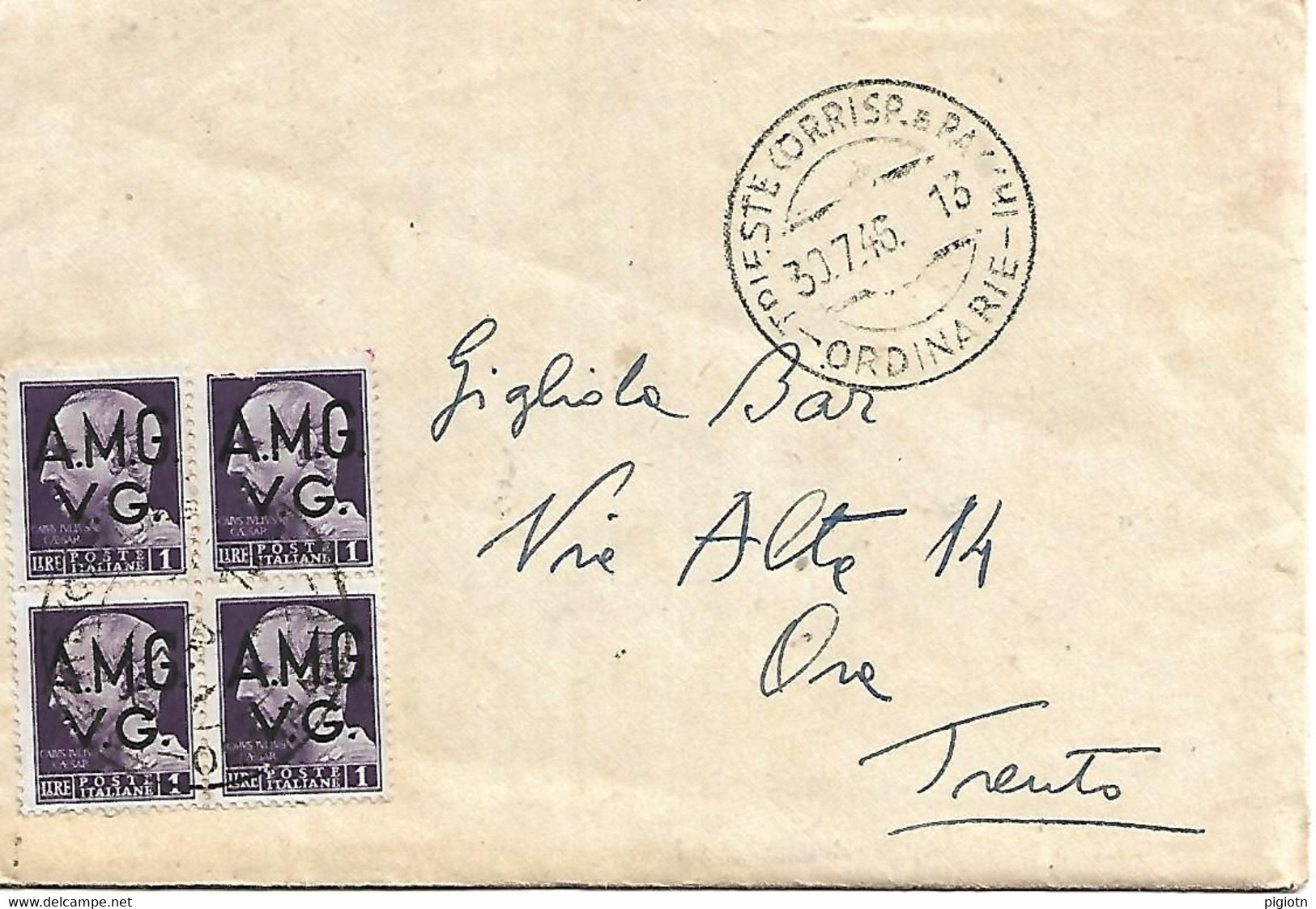 TS011 - AMG-VG BLOCCO 4X1 L IMPERIALE (UN VALORE DIFETTOSO) SU LETTERA DA TRIESTE A ORA - 30.7.1946 - Storia Postale