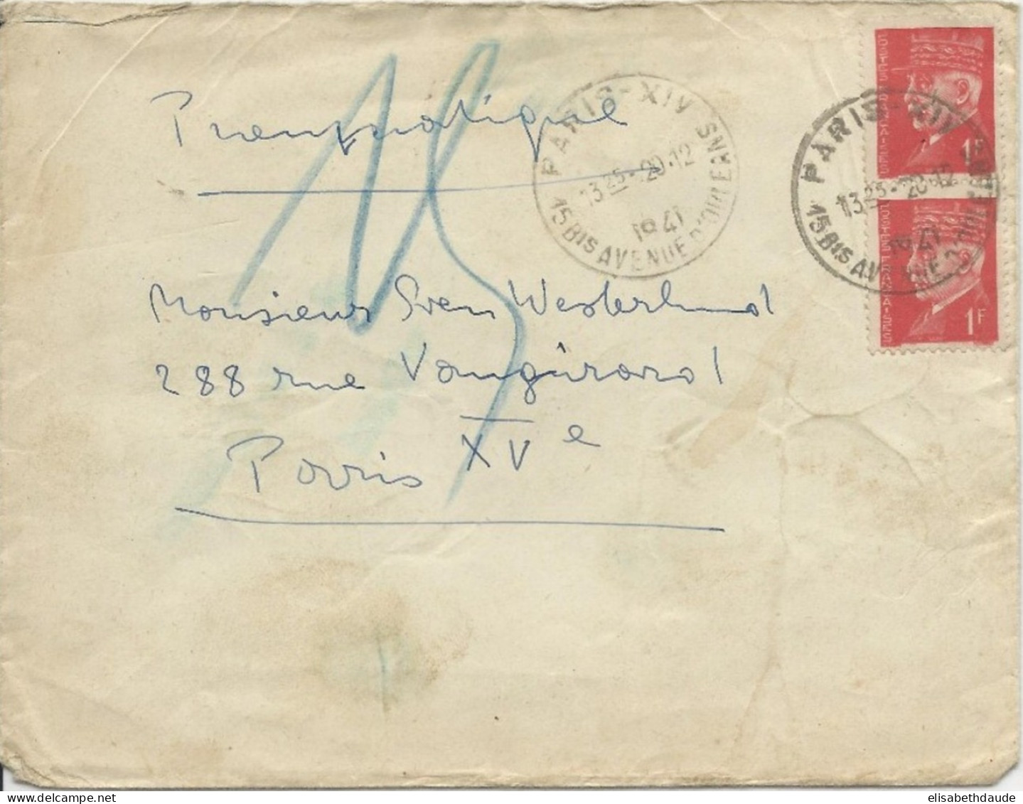 1941 - PETAIN 1F X2 SUR LETTRE PNEUMATIQUE De PARIS - - 1941-42 Pétain