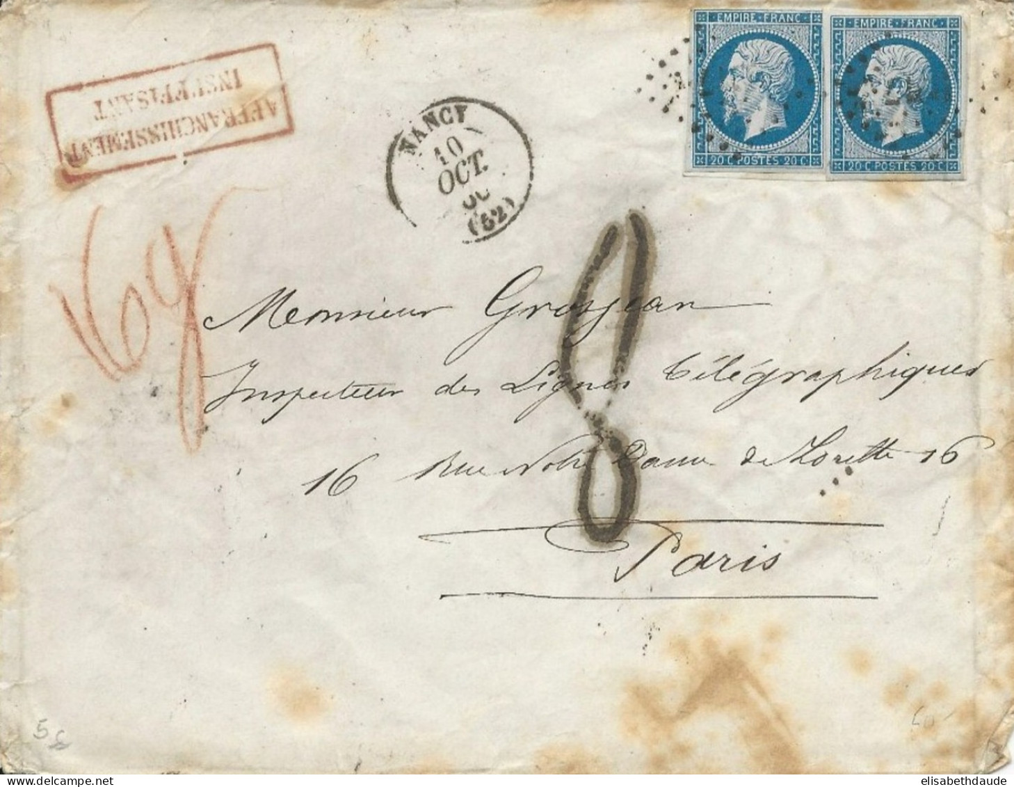 1860 - TAXE De 8 Pour AFFRANCHISSEMENT INSUFFISANT - ENV. DOUBLE PORT De NANCY (MEURTHE ET MOSELLE) +> PARIS - - 1853-1860 Napoleon III