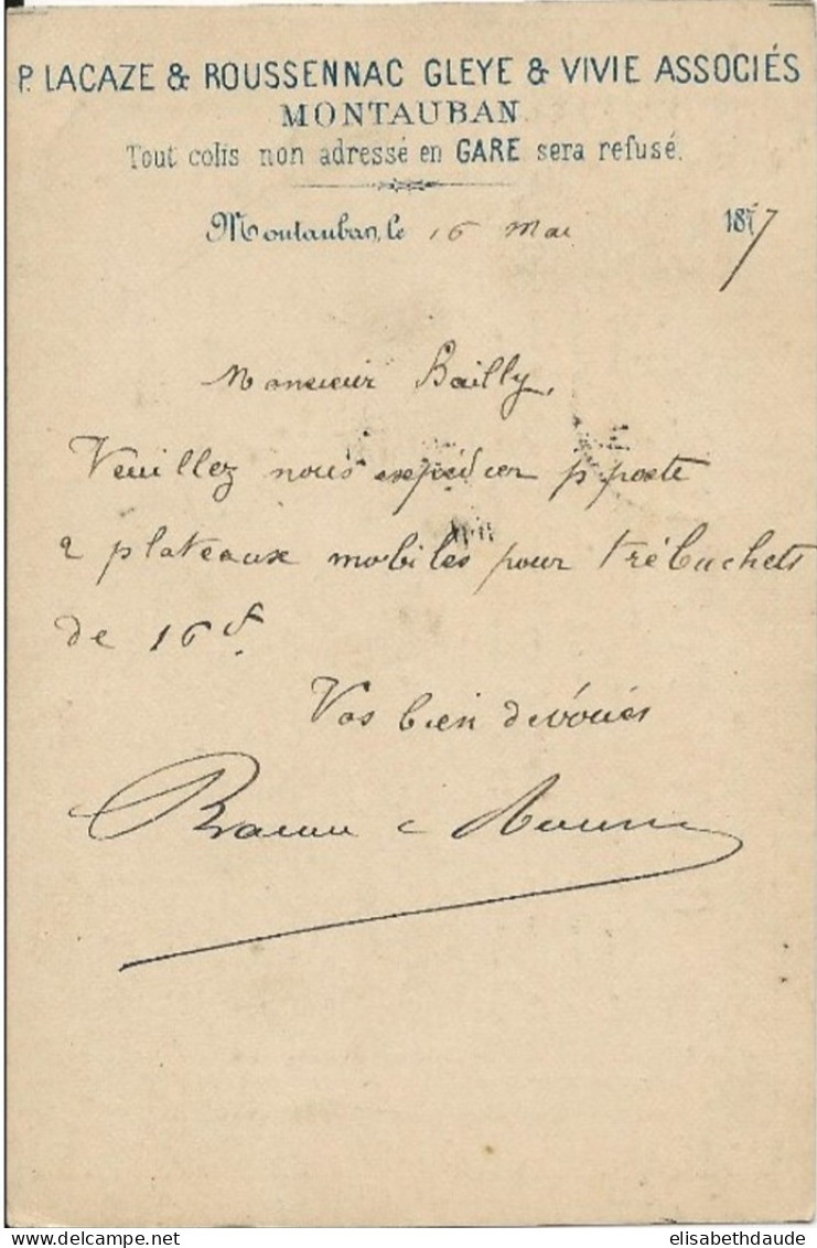 TARN ET GARONNE - 1877 - SAGE - CARTE POSTALE PRECURSEUR ENTIER Avec REPIQUAGE PRIVE De LACAZE à MONTAUBAN - Vorläufer