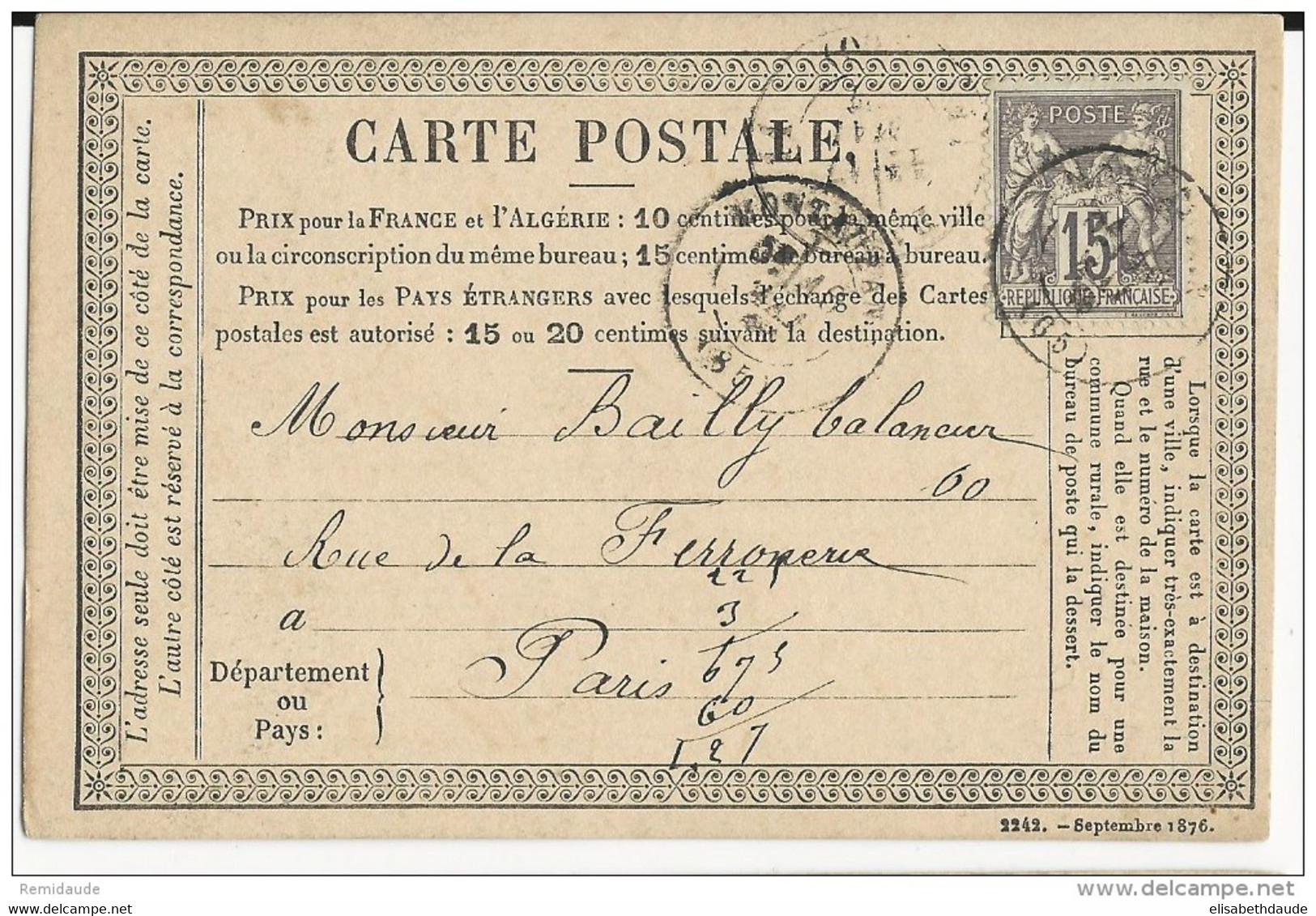 TARN ET GARONNE - 1877 - SAGE - CARTE POSTALE PRECURSEUR ENTIER Avec REPIQUAGE PRIVE De LACAZE à MONTAUBAN - Precursor Cards