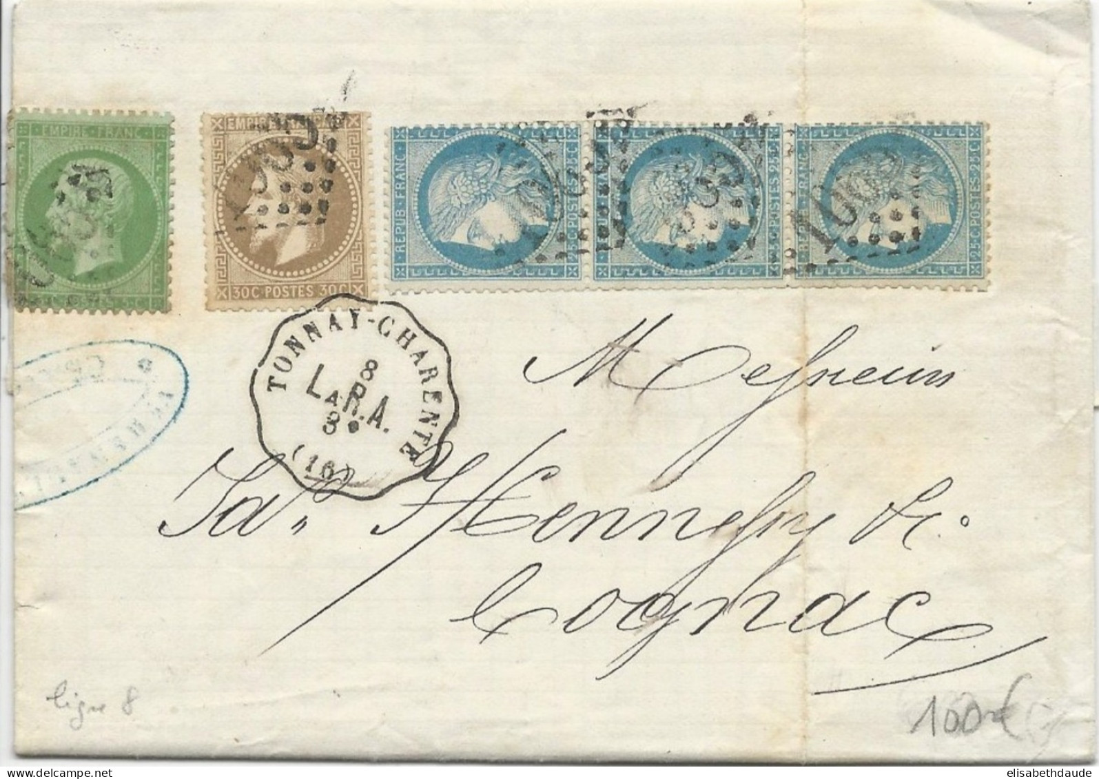 1872 - MIXTE - CERES + EMPIRE Sur LETTRE De CHARENTE Avec CONVOYEUR STATION De TONNAY Pour COGNAC - 1871-1875 Cérès