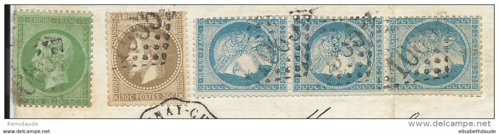 1872 - MIXTE - CERES + EMPIRE Sur LETTRE De CHARENTE Avec CONVOYEUR STATION De TONNAY Pour COGNAC - 1871-1875 Cérès