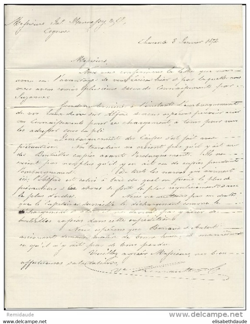 1872 - MIXTE - CERES + EMPIRE Sur LETTRE De CHARENTE Avec CONVOYEUR STATION De TONNAY Pour COGNAC - 1871-1875 Cérès