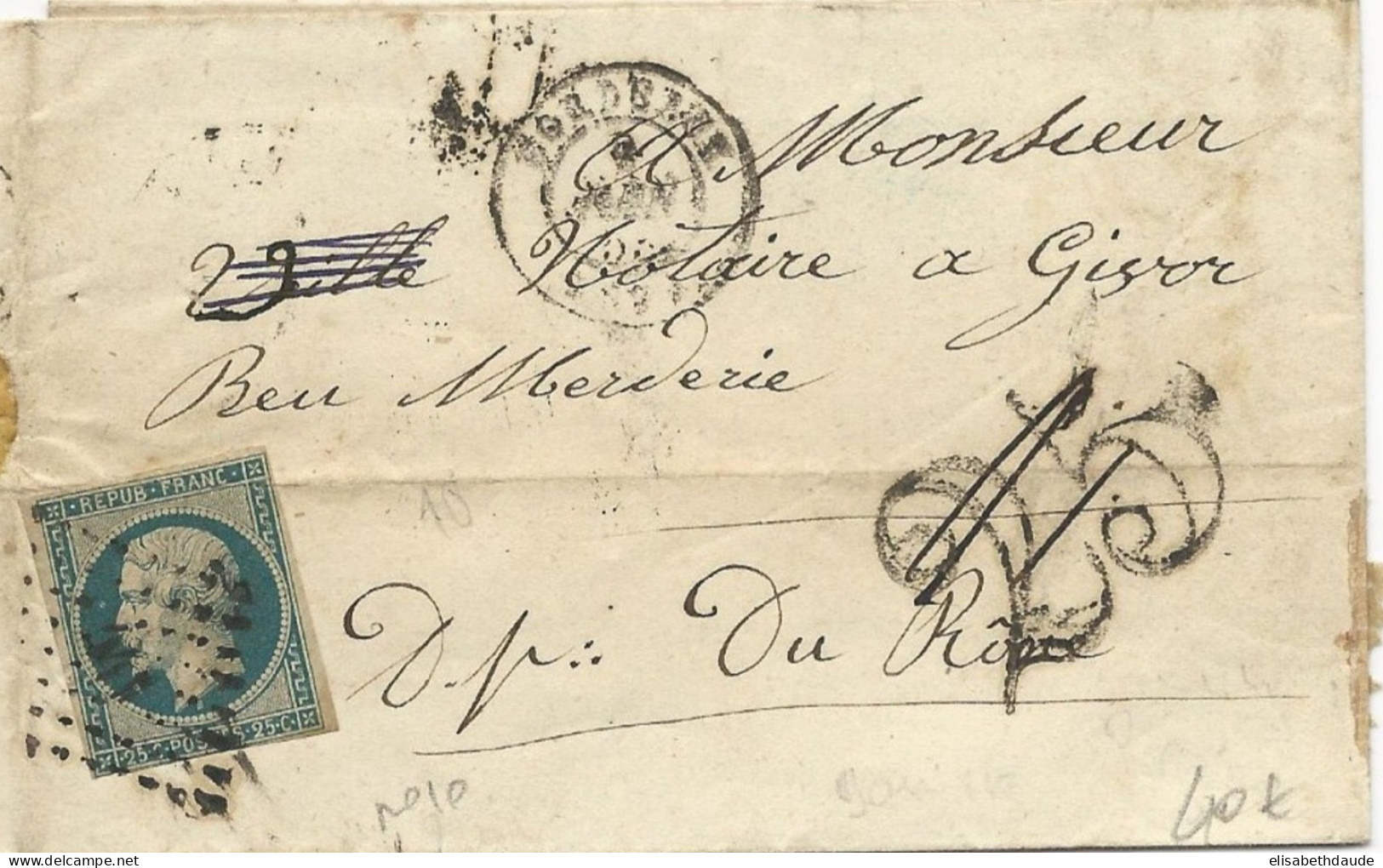 1852/53 - REPUBLIQUE Sur LETTRE De BORDEAUX Avec TAXE TAMPON De 25 ANNULEE - 1852 Luigi-Napoleone