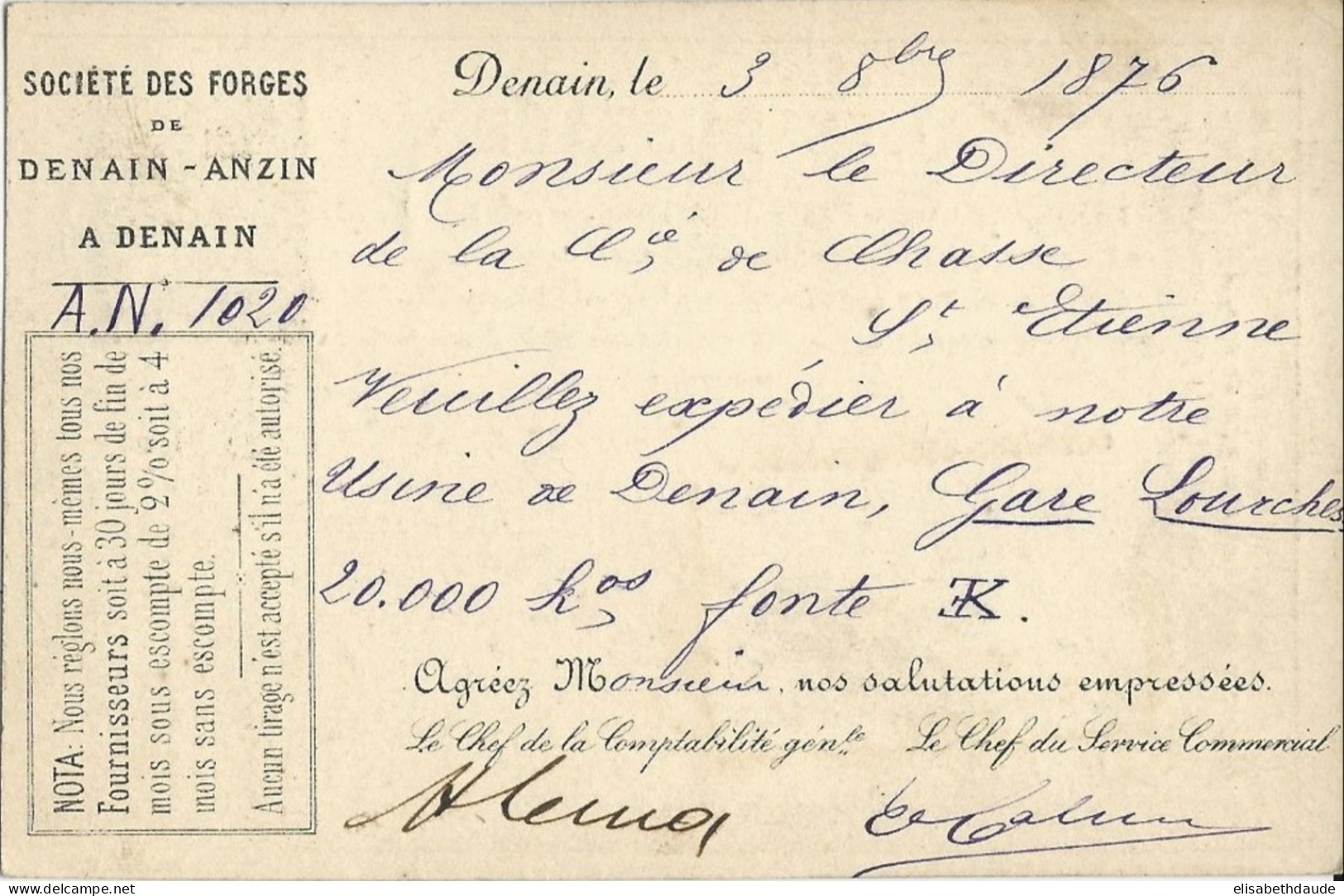 NORD - 1876 - CARTE PRECURSEUR ENTIER Avec REPIQUAGE PRIVE Des FORGES De DENAIN - Vorläufer